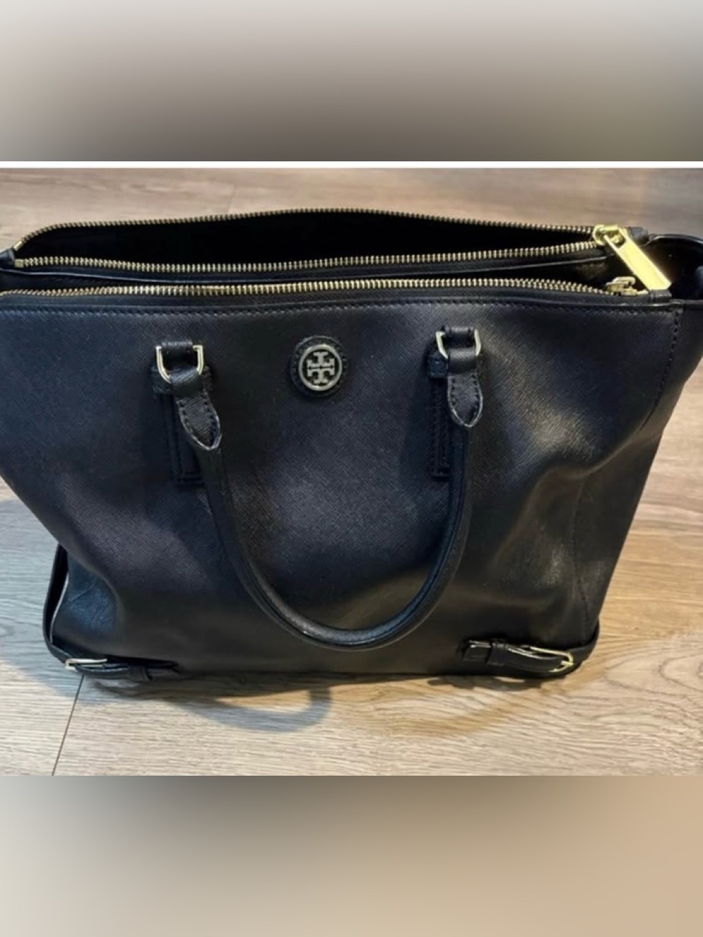 Tory Burch Black Leather Double-Zip Satchel with Logo